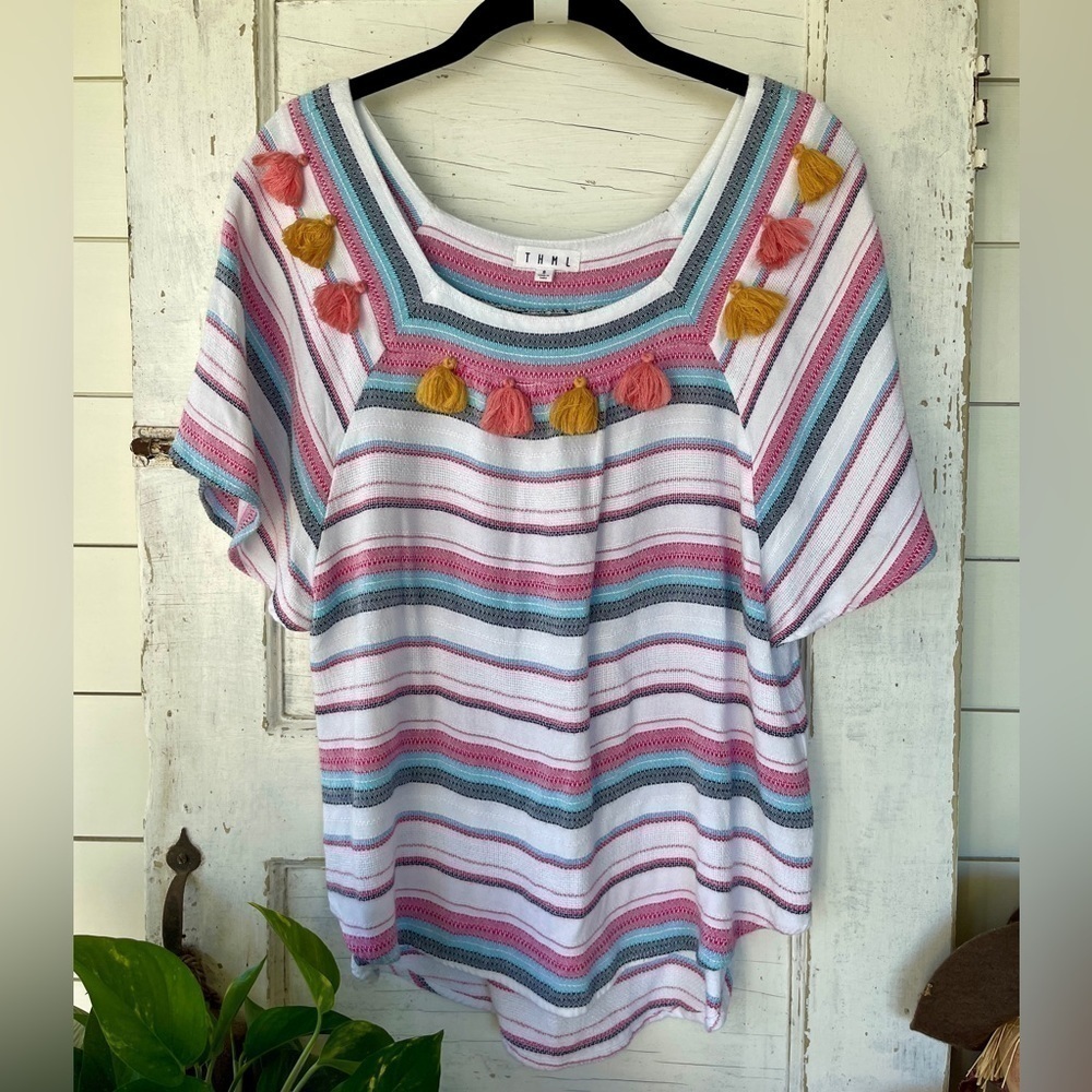 THML, WOMENS, MULTICOLOR, BOHO STYLE, STRIPE TOP.BRIGHTLY COLORED TASSELS.SIZE S